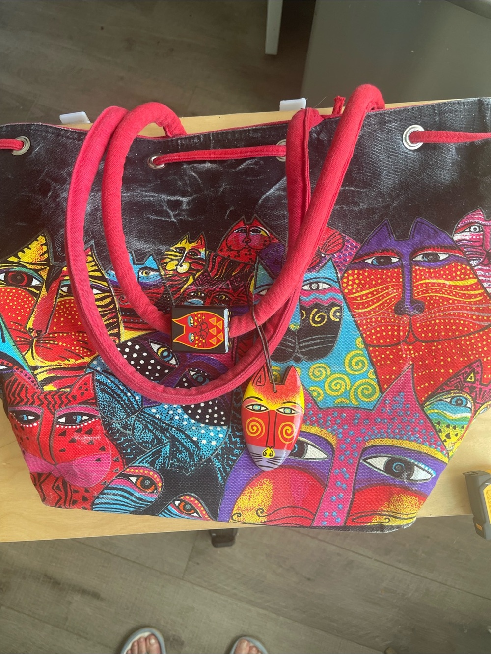 Laurel Burch Multicolor Cat Print Tote with Red Handles